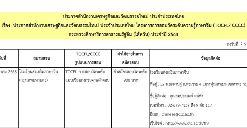 [16.7.2563] ประกาศตารางการสอบวัดระดับความรู้ภาษาจีน (TOCFL/ CCCC) ประจำปี พ.ศ. 2563 ในประเทศไทย (ฉบับแก้ไขล่าสุด)