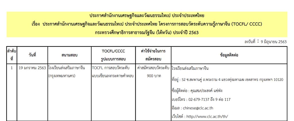 [16.7.2563] ประกาศตารางการสอบวัดระดับความรู้ภาษาจีน (TOCFL/ CCCC) ประจำปี พ.ศ. 2563 ในประเทศไทย (ฉบับแก้ไขล่าสุด)