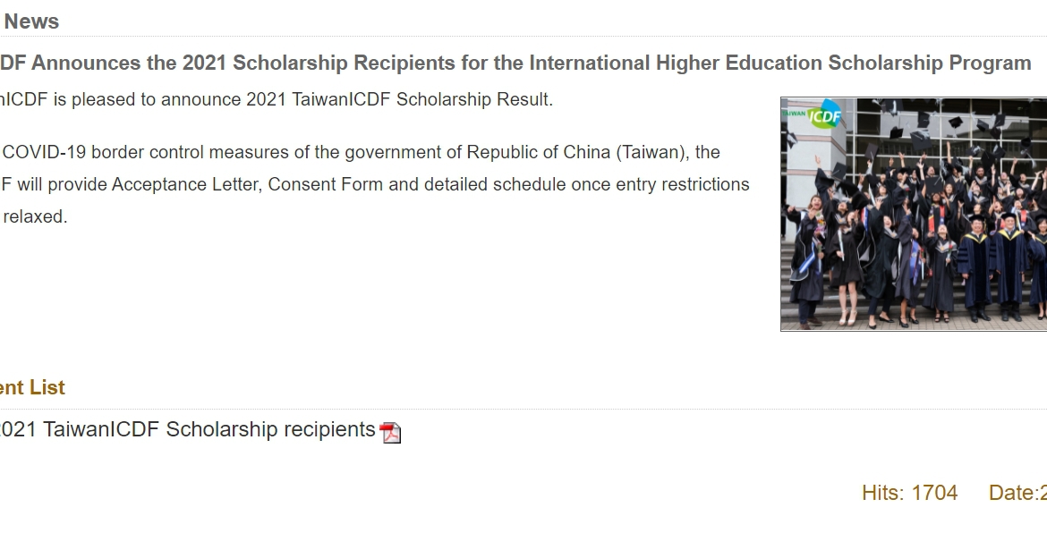 【2021.6.10】 TaiwanICDF Announces the 2021 Scholarship Recipients for the International Higher Education Scholarship Program