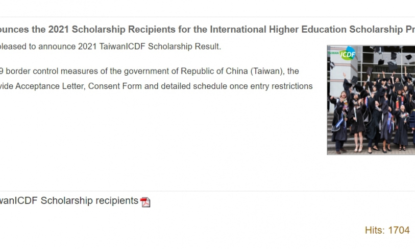 【2021.6.10】 TaiwanICDF Announces the 2021 Scholarship Recipients for the International Higher Education Scholarship Program