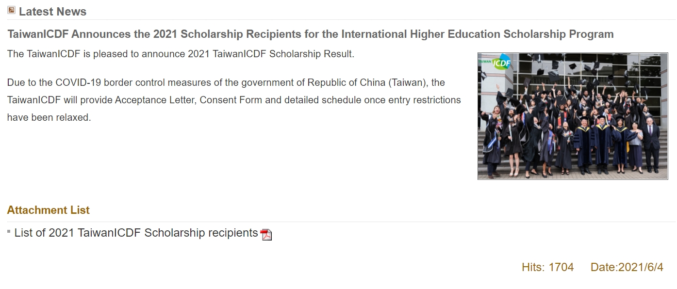 【2021.6.10】 TaiwanICDF Announces the 2021 Scholarship Recipients for the International Higher Education Scholarship Program
