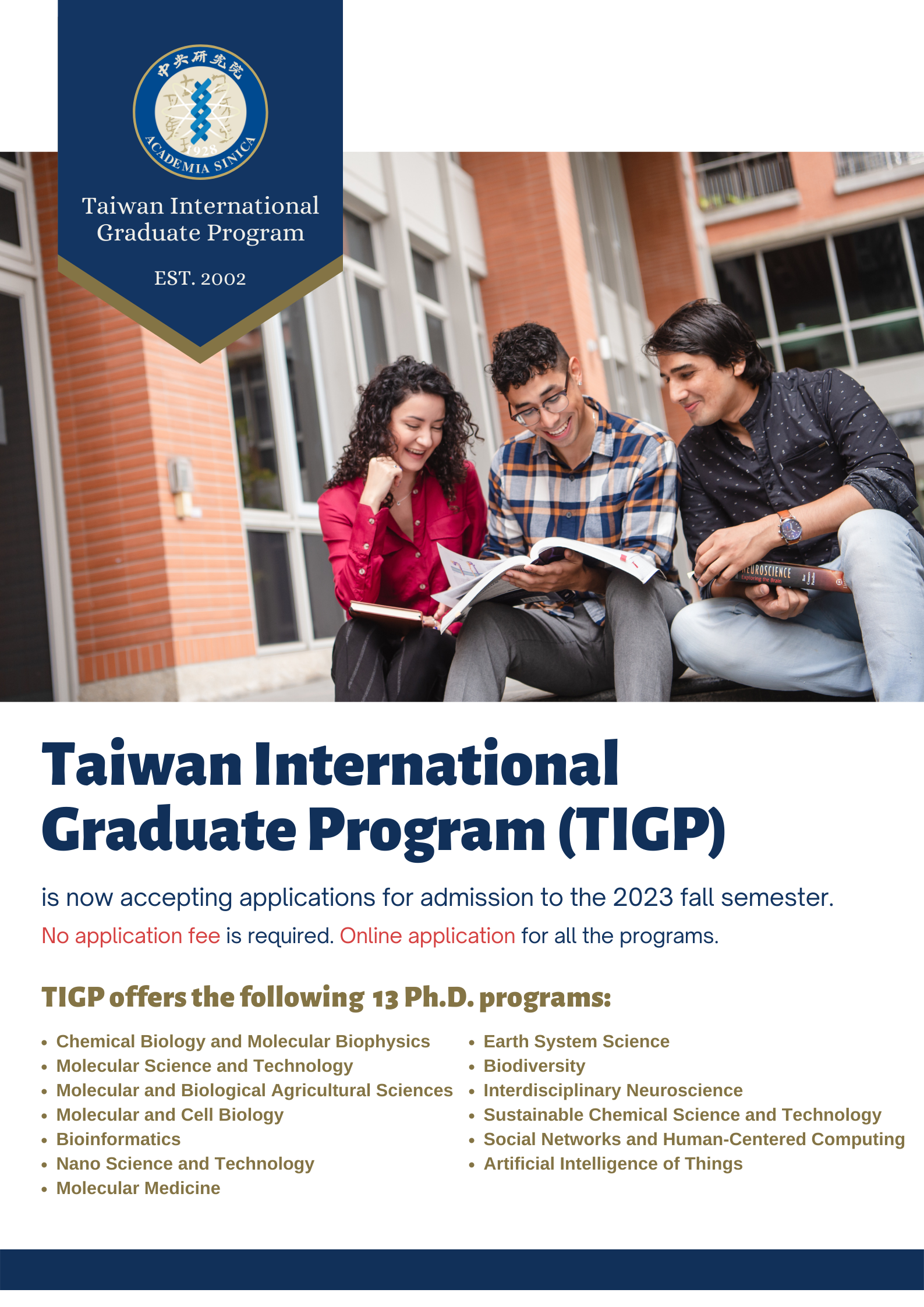 【20.12.2565】ทุนการศึกษาระดับปริญญาเอก Taiwan International Graduate Program (TIGP) ประจำปี 2566