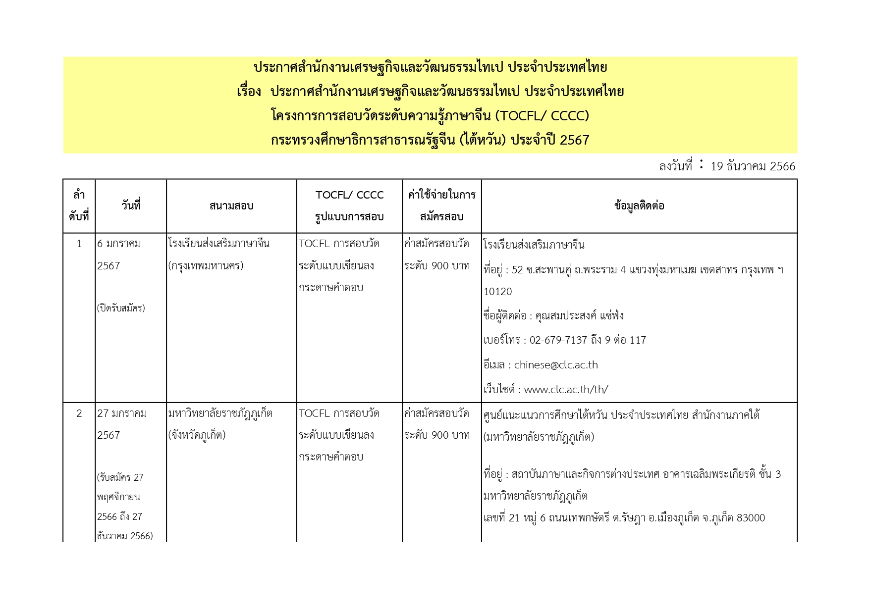 【23.12.2566】ตารางการสอบวัดระดับความรู้ภาษาจีน (TOCFL&CCCC) พ.ศ. 2567 ประจำประเทศไทย