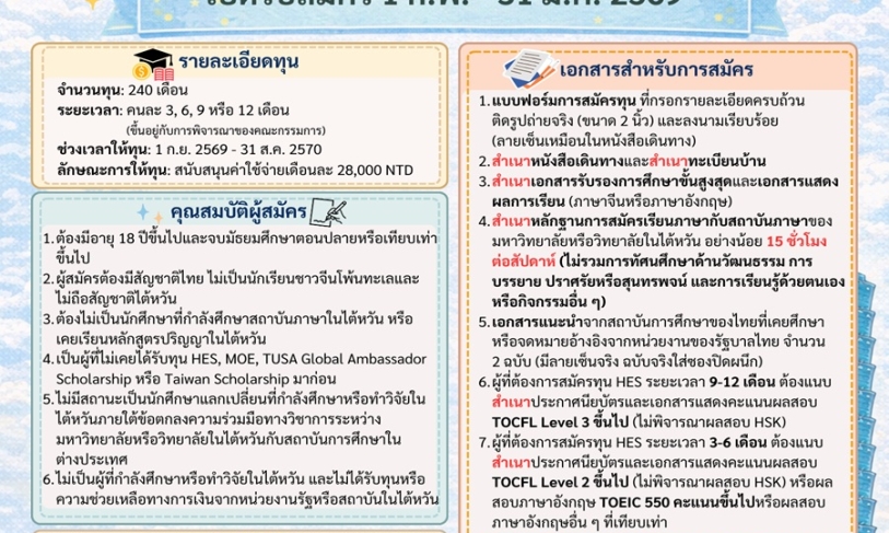【11.2.2569】ทุนเรียนภาษาจีน จากกระทรวงศึกษาธิการไต้หวัน — 2026 Huayu Enrichment Scholarship (HES) For Thai Students