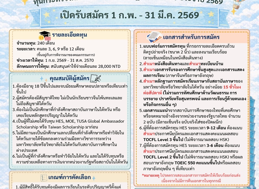 【11.2.2569】ทุนเรียนภาษาจีน จากกระทรวงศึกษาธิการไต้หวัน — 2026 Huayu Enrichment Scholarship (HES) For Thai Students