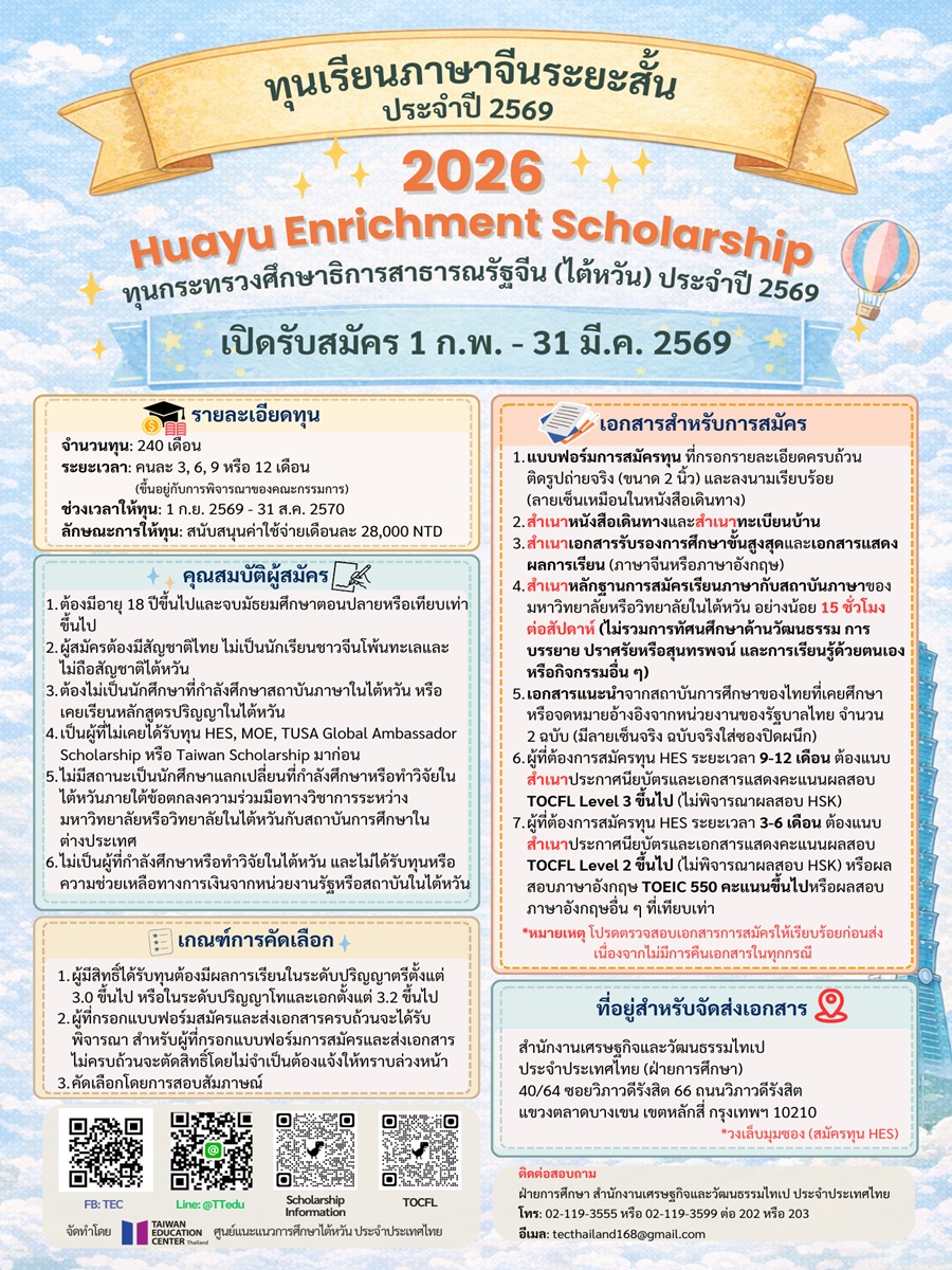 【11.2.2569】ทุนเรียนภาษาจีน จากกระทรวงศึกษาธิการไต้หวัน — 2026 Huayu Enrichment Scholarship (HES) For Thai Students